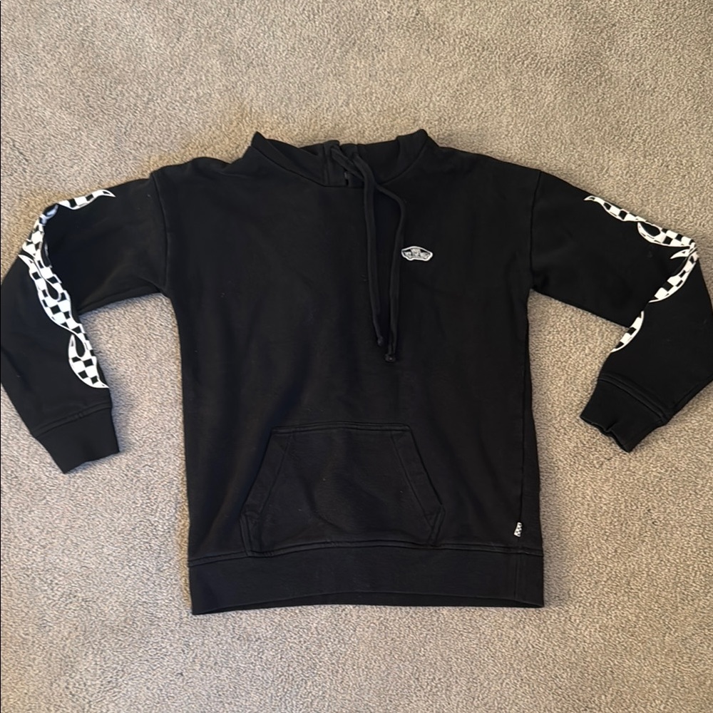 Vans Black Hoodie with Checkered Flame Sleeve Design
